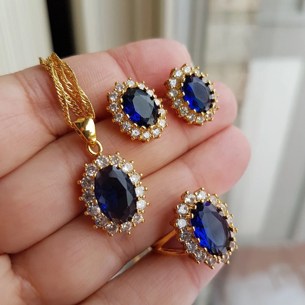 Swarovski Elements Gold 925 Sterling Silver Blue Sapphire Diana Oval Ring NEW